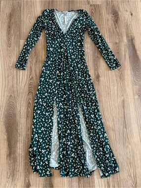 NWT Asos green ditsy floral maxi dress long sleeve faux button front double slit